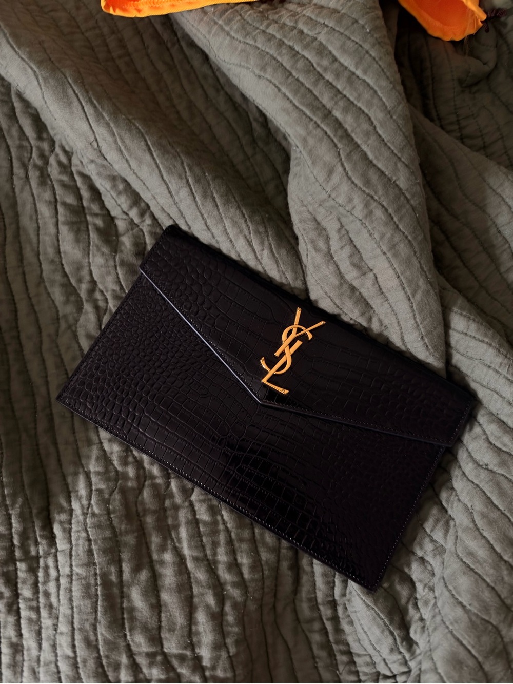 Luxury Black Croc-Embossed Leather Envelope Clutch
